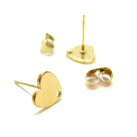 Boucles d' oreille, Puce Coeur 8mm avec trou et embouts, Acier Inoxydable 304 finition Doré