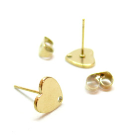 Boucles d' oreille, Puce Coeur 8mm avec trou et embouts, Acier Inoxydable 304 finition Doré