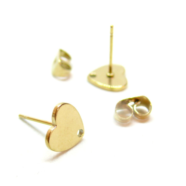 Boucles d' oreille, Puce Coeur 8mm avec trou et embouts, Acier Inoxydable 304 finition Doré