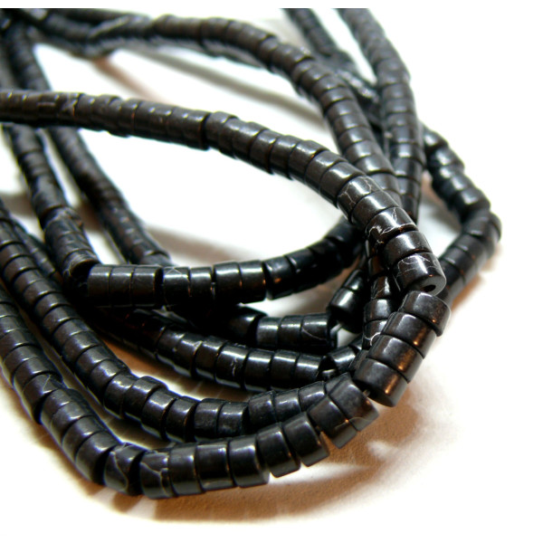 Perles RONDELLES, Heishi  4 par 2mm, Howlite Noir effet marbre