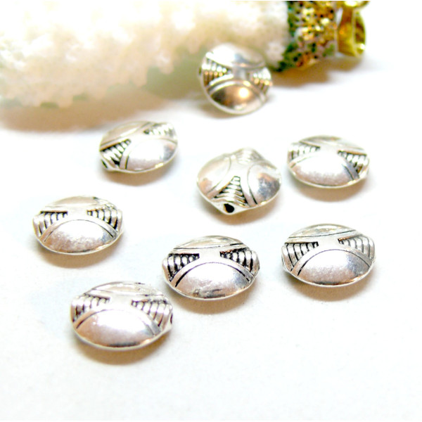 Perles intercalaires, Ronde plates Ethnique 10mm, métal finition Argent Antique