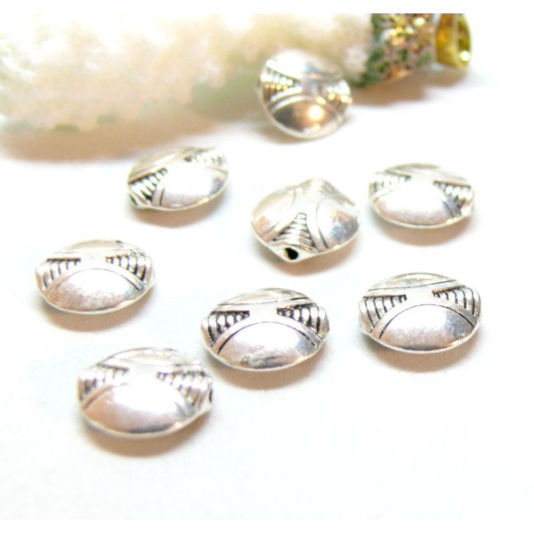 Perles intercalaires, Ronde plates Ethnique 10mm, métal finition Argent Antique