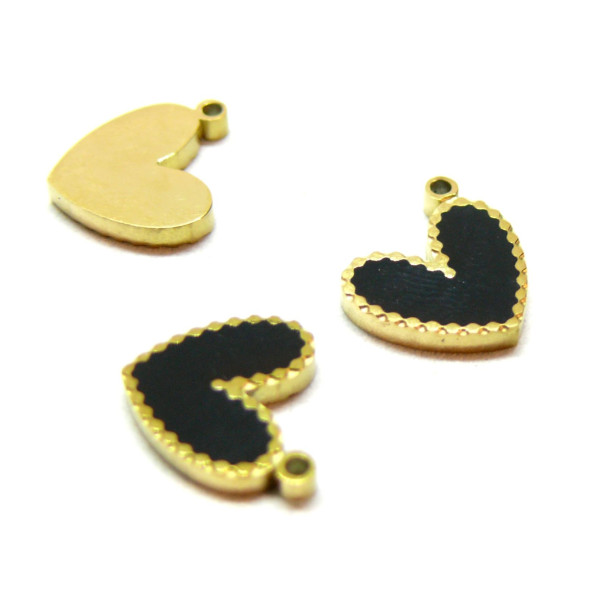 Pendentifs, breloques émaillées, Coeur NOIR 11mm,  Acier Inoxydable 304 Doré