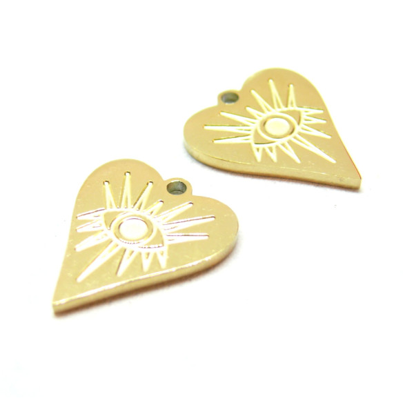 Pendentif, Coeur avec Oeil de la protection 17mm, Acier Inoxydable 316L doré à l'or fin 18K, Placage IONIQUE