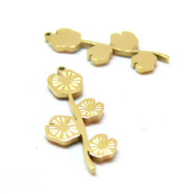 Pendentif, Fleur sur Tige 25mm, Acier Inoxydable 316L doré à l'or fin 18K, Placage IONIQUE