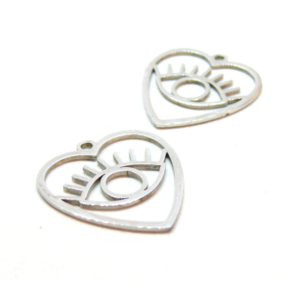 Pendentifs Oeil de la protection dans Coeur 24.5mm, Acier Inoxydable 304 finition Argenté