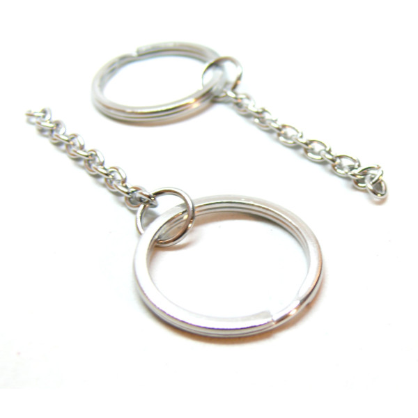 Porte Clés Anneaux 25mm avec Chaîne,  Acier Inoxydable 304 finition Argenté