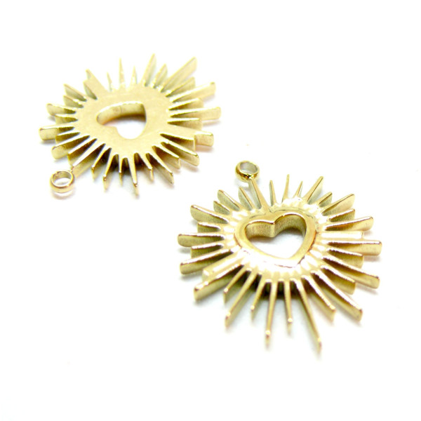 Pendentif Coeur Soleil 22.5mm, Acier Inoxydable 316L doré à l'or fin 18K, Placage IONIQUE