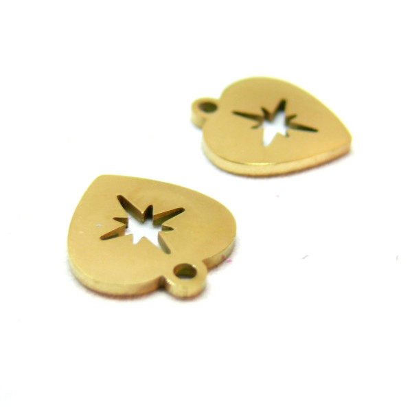 Pendentif, Médaillon Cœur avec étoile 11mm, Acier Inoxydable 316L doré à l'or fin 18K, Placage IONIQUE