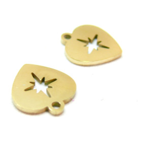 Pendentif, Médaillon Cœur avec étoile 11mm, Acier Inoxydable 316L doré à l'or fin 18K, Placage IONIQUE