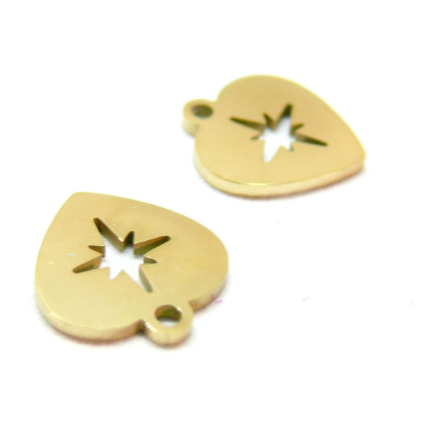 Pendentif, Médaillon Cœur avec étoile 11mm, Acier Inoxydable 316L doré à l'or fin 18K, Placage IONIQUE