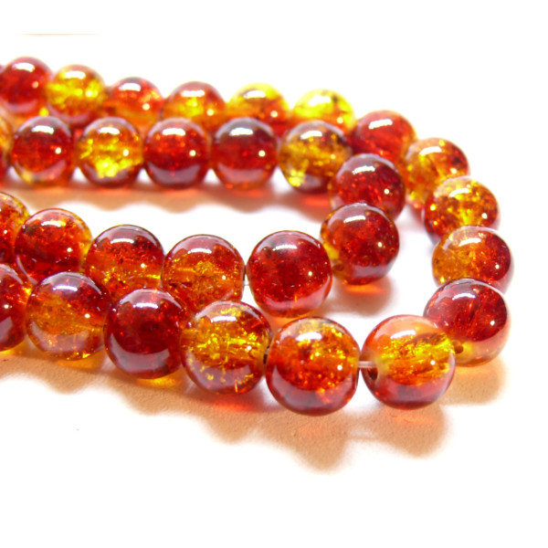 Perles Rondes 10mm, Verre craquelé teinté Rouge et Jaune
