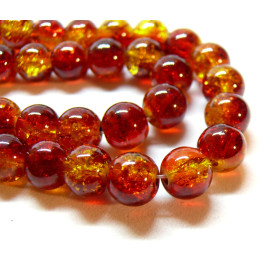 Perles Rondes 10mm, Verre craquelé teinté Rouge et Jaune