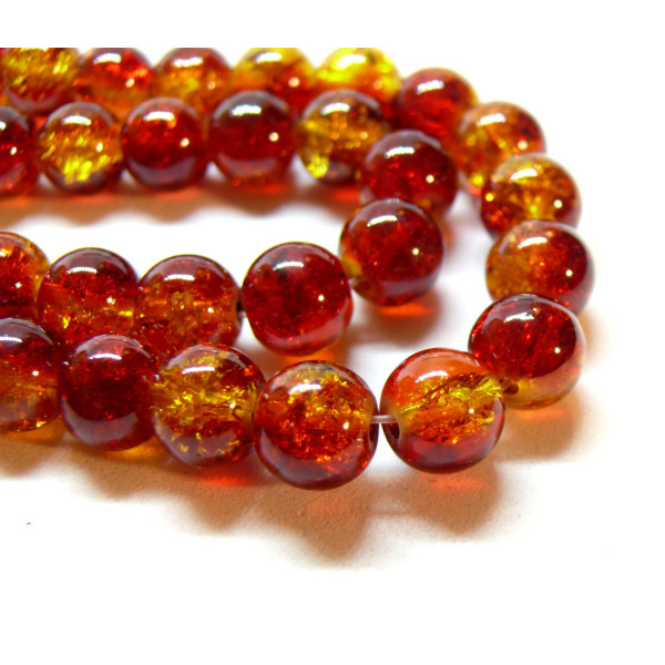 Perles Rondes 10mm, Verre craquelé teinté Rouge et Jaune