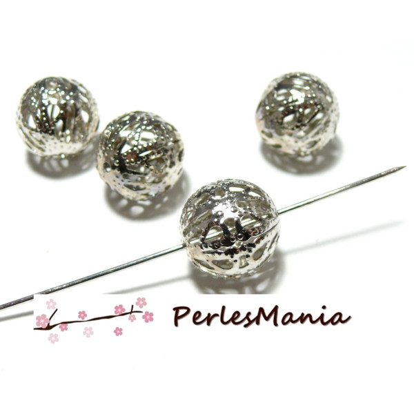 REF 2N6705 PAX 20 Perles intercalaire ronde dentelle filigrane 10mm, métal finition ARGENT PLATINE