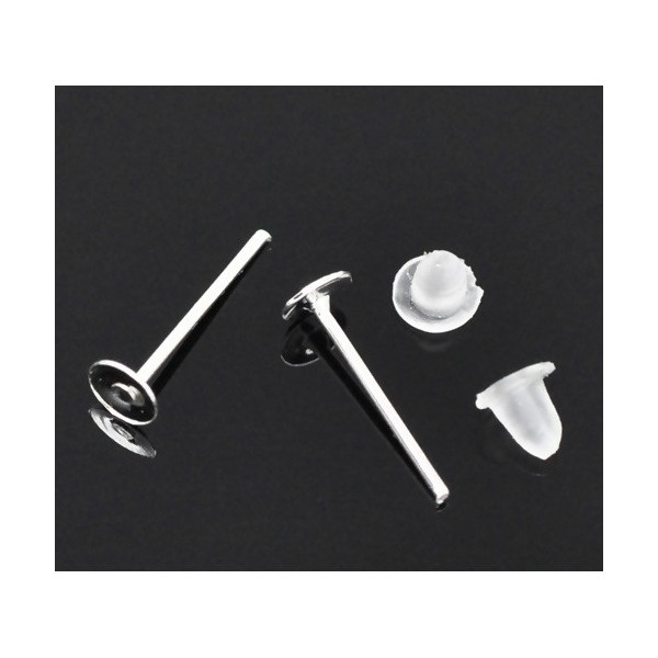 Boucles d'oreille clou, puce Forme Plateau Lisse 4mm couleur Argent Vif avec embouts poussoirs plastique