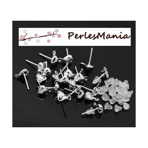 Boucles d'oreille clou, puce COEUR 8mm, avec attache, embouts poussoirs plastique, métal finition ARGENT VIF