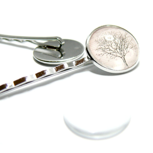 Supports de barrettes 20mm PP ronde et 10 cabochons en verre transparents