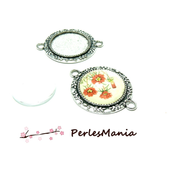 Lot de 4 pièces: 2 CONNECTEUR ROND Lierre ARTY  Vieil argent  et 2 cabochons en 20mm