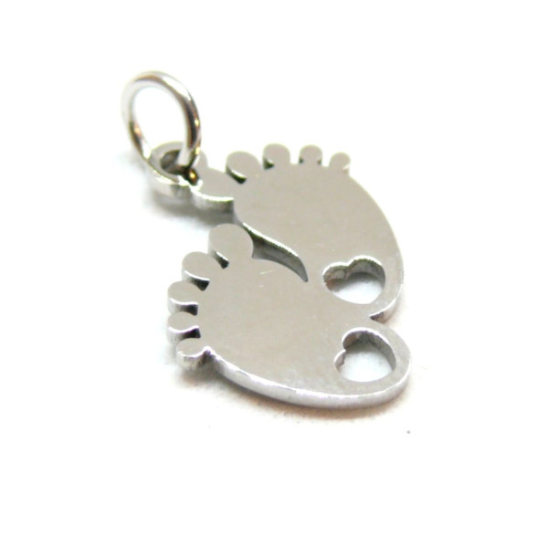 Pendentifs avec anneau Petits pieds avec Coeur, Baby shower 13mm, Acier Inoxydable 304 finition Argenté