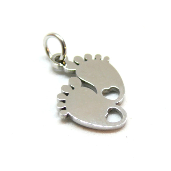 Pendentifs avec anneau Petits pieds avec Coeur, Baby shower 13mm, Acier Inoxydable 304 finition Argenté