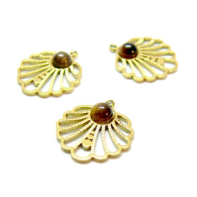 Pendentif Coquille Saint Jacques , Œil du Tigre 15mm, Acier Inoxydable 316L doré à l'or fin 18K, Placage PVD