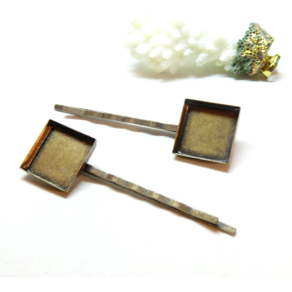 Supports de barrettes, Bob pin, bord épais, carré 16mm, laiton, finition Bronze