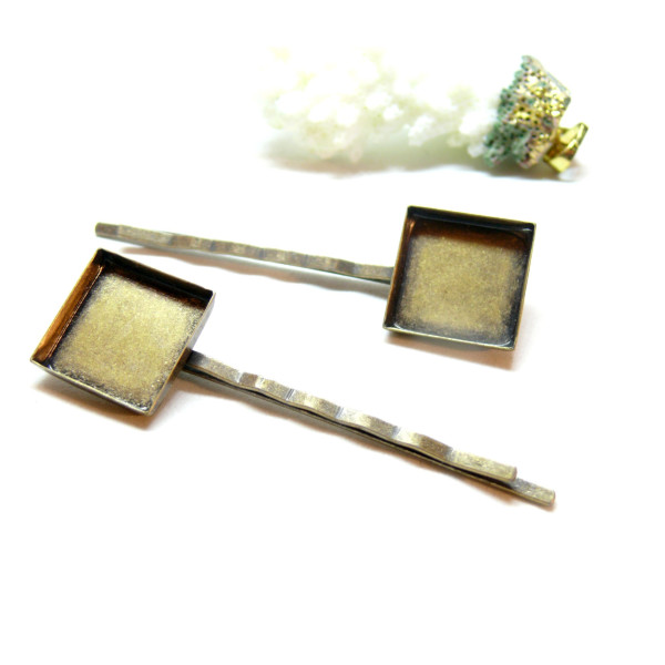 Supports de barrettes, Bob pin, bord épais, carré 16mm, laiton, finition Bronze