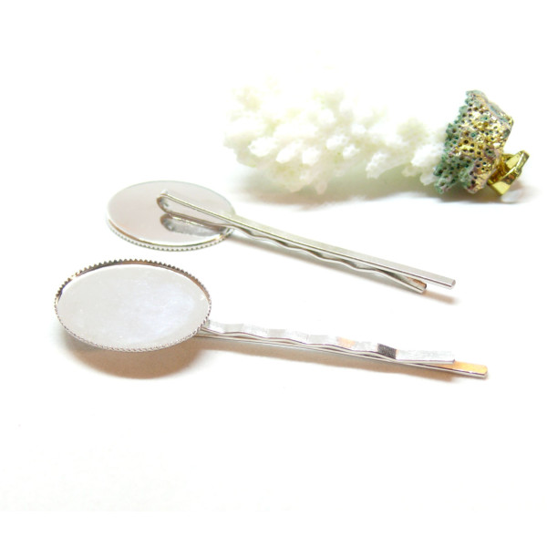 Lot de 4 supports de barrettes, Bob pin, Plateau dentelle, 18 par 25mm, laiton finition Argent platine