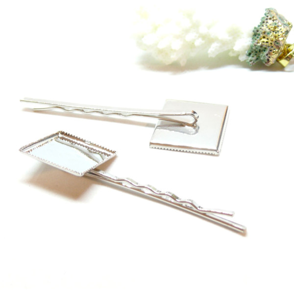Supports de barrettes, Bob pin, Plateau dentelle, carré 20mm, laiton, coloris Argent platine