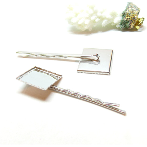 Supports de barrettes, Bob pin, Plateau dentelle, carré 20mm, laiton, finition Argent platine
