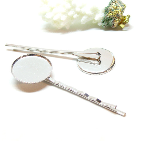 Lot de 4 Supports de barrette, bob pin, plateau, 20mm, laiton finition argent platine