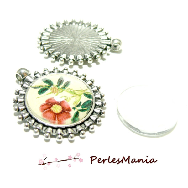Supports de Pendentifs ARTY ART DECO 25mm et 2 cabochons en verre, Laiton coloris Argent Antique