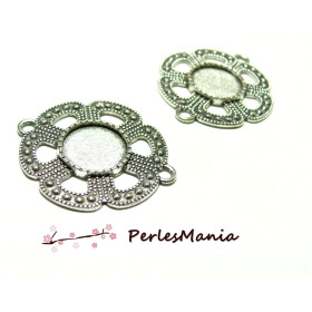 Supports de Connecteurs ROND 14mm,  FLEUR ARTY,  Laiton finition Argent Antique, DIY