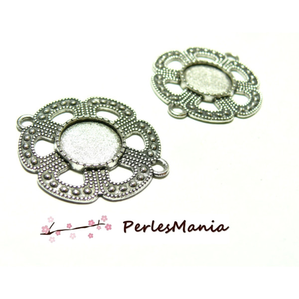Supports de Connecteurs ROND 14mm,  FLEUR ARTY,  Laiton finition Argent Antique, DIY