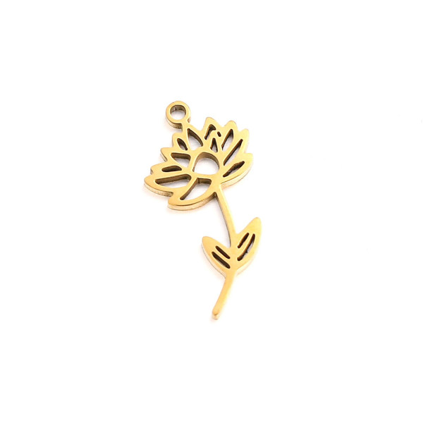 Pendentif Fleur sur tige 20 mm, symbole mois de Juillet, Acier Inoxydable 304 finition Doré