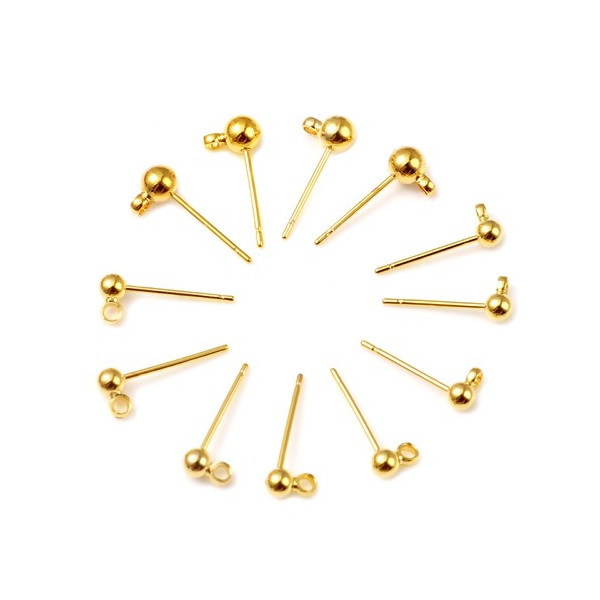Boucles d'oreille, Puce Bille 3 mm avec attache, Acier Inoxydable 316, Doré à l'or fin 18K, Placage IONIQUE