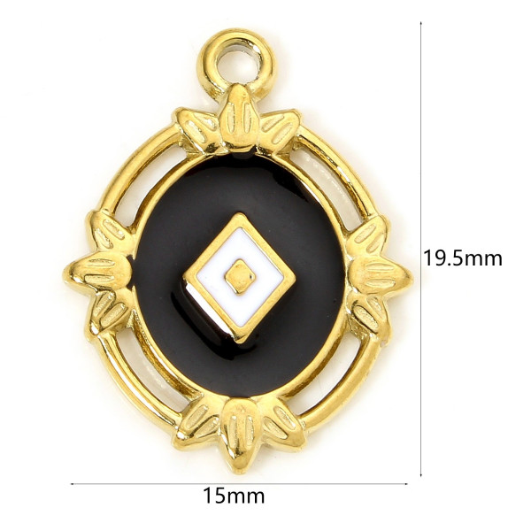 Pendentif,  Médaillon émaillé NOIR 19mm,  Acier Inoxydable 304 Doré