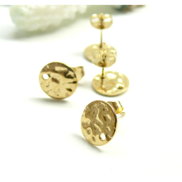 Boucles d'oreille Puces, Clous Rond Martelé 8mm avec trou,  Acier Inoxydable 304, finition Doré à l' Or fin 18K, avec embouts