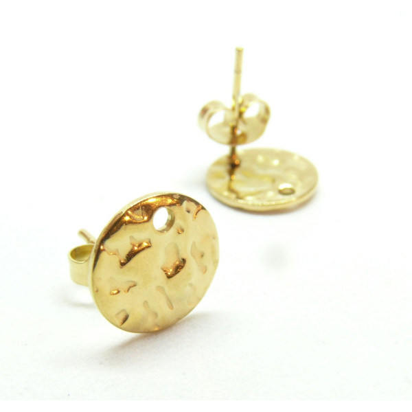 Boucles d'oreille Puces, Clous Rond Martelé 8mm avec trou,  Acier Inoxydable 304, finition Doré à l' Or fin 18K, avec embouts