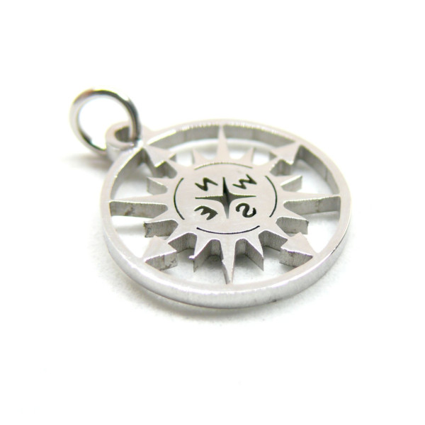 Pendentifs médaillon Boussole, Rose des vents 14.5 mm, Acier Inoxydable 304 Argenté