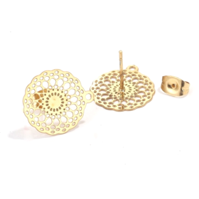 Boucles d'oreille, clous Puce 16 mm  filigrane,  ACIER INOXYDABLE 304 finition Doré avec poussoirs papillon