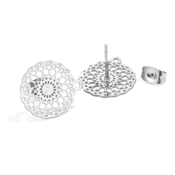 Boucles d'oreille, clous Puce 16 mm  filigrane,  ACIER INOXYDABLE 304 finition Argenté avec poussoirs papillon