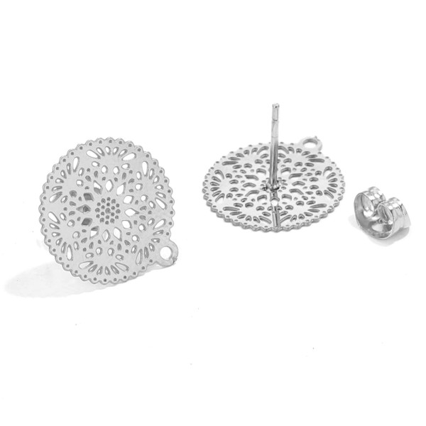 Boucles d'oreille Puce 15 mm  filigrane, ACIER INOXYDABLE 304 finition Argenté, poussoirs papillons