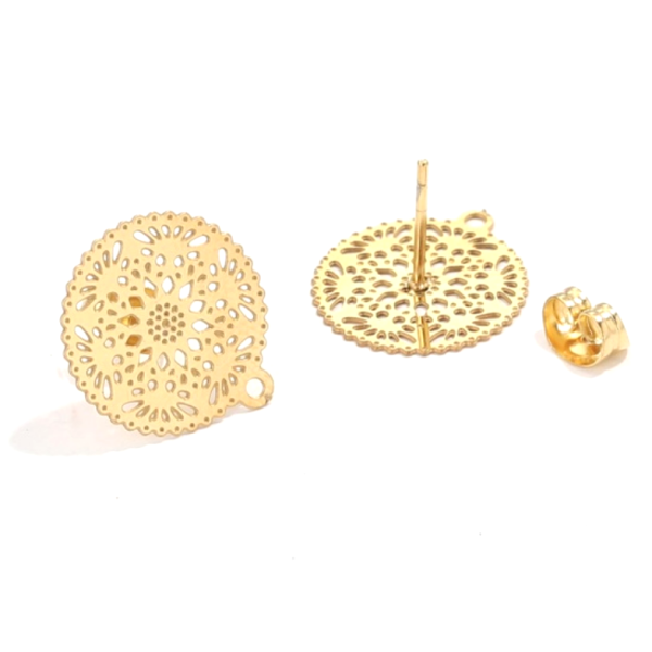 Supports de Boucle d'oreille Puce 15 mm filigrane, ACIER INOXYDABLE 304 finition Doré, poussoirs papillons