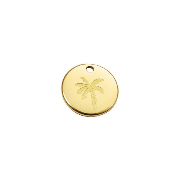 Pendentif Médaille avec Palmier  12 mm, Acier Inoxydable 304 Doré à l'or fin 18K, Placage IONIQUE