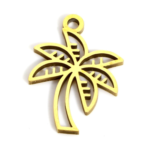 Pendentifs Palmier 17mm en acier Inoxydable 316L, finition Doré à l'or fin 18K,  Placage IONIQUE