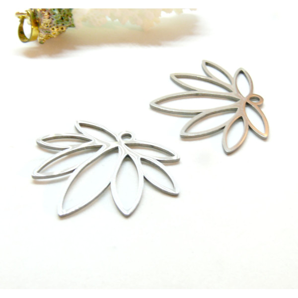 Pendentifs Fleurs de Lotus 34mm, Acier Inoxydable 304 finition Argenté