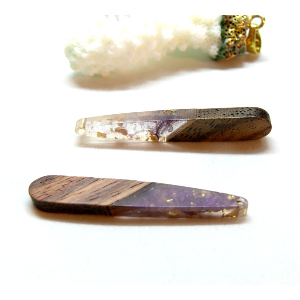 Pendentifs longue Goutte en Bois et résine 44mm