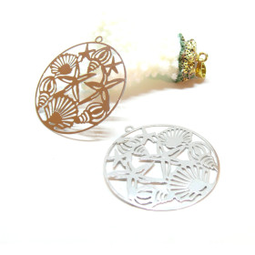 Estampes, pendentifs filigrane, Esprit marin, coquillage, étoile de mer 40mm, métal finition Argenté